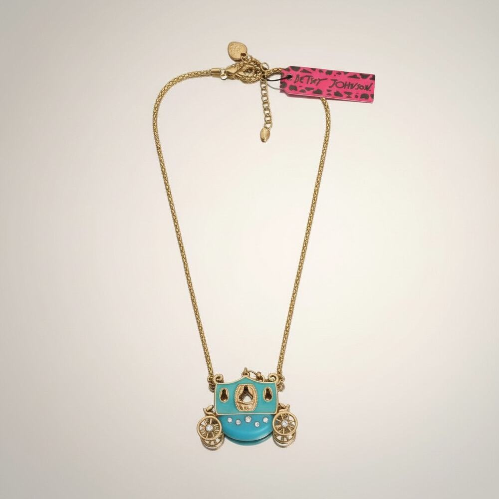 Betsey Johnson Cinderella Blue Coach Necklace Crystal Carriage  NWT